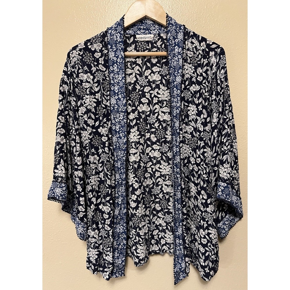 Westport Floral Kimono Cardigan Pom Pom Trim Rayon Wrap Boho Blue White Women 1X